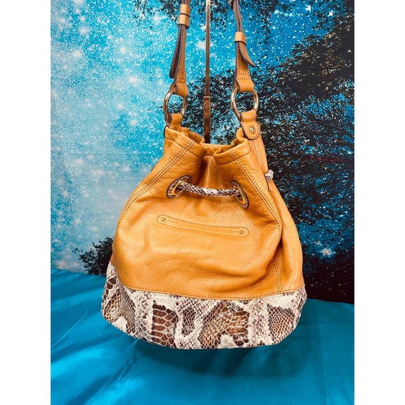 B Makowsky Tan Leather Bucket Bag Alligator Trim & Leopard Lining Ex Condition - Picture 4 of 16